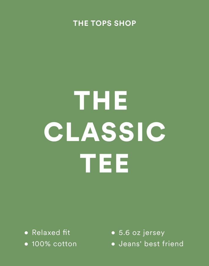 Promotional graphic for 'The Classic Tee' from The Tops Shop on a green background.