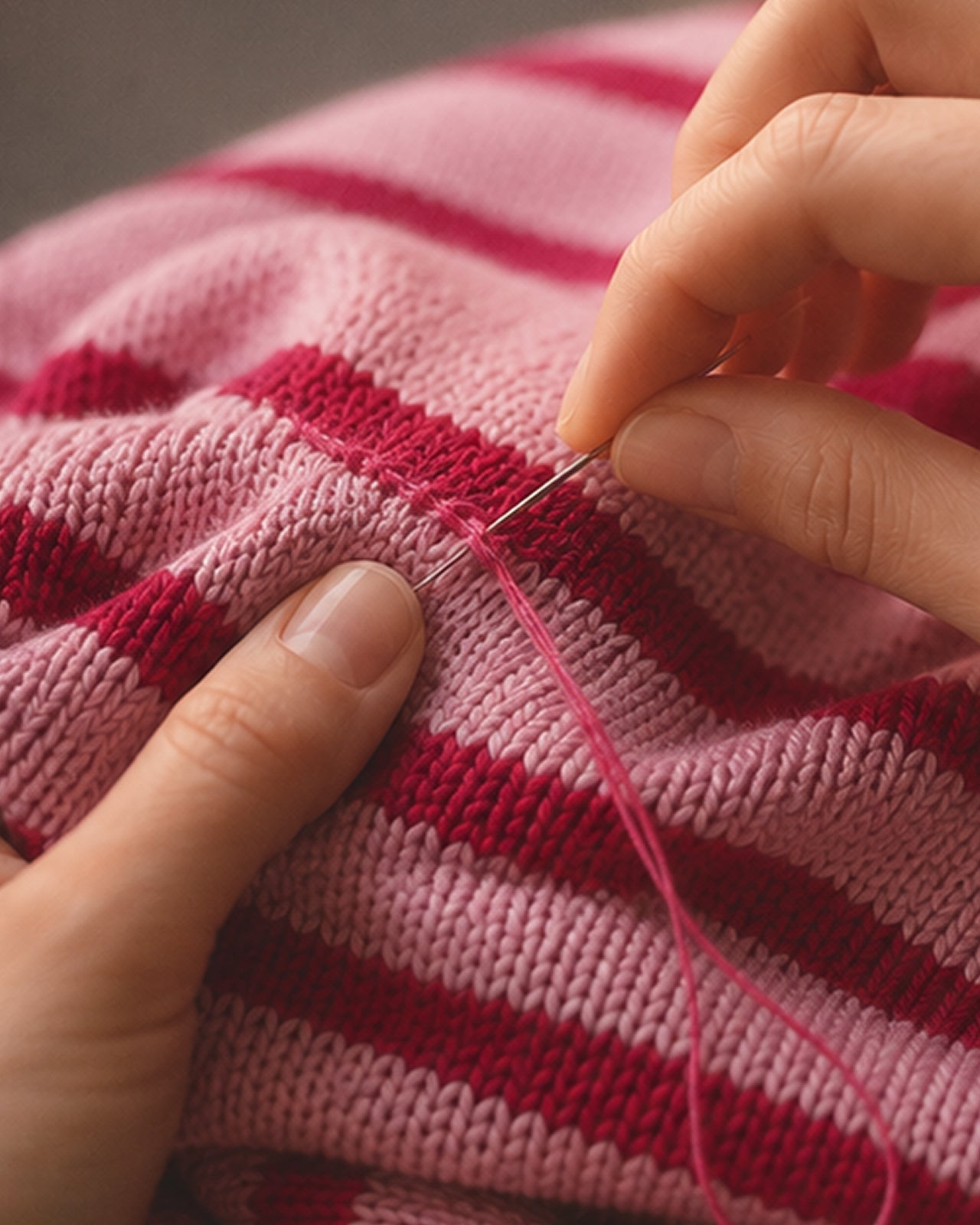 Person knitting with pink yarn on a pink and red striped fabric