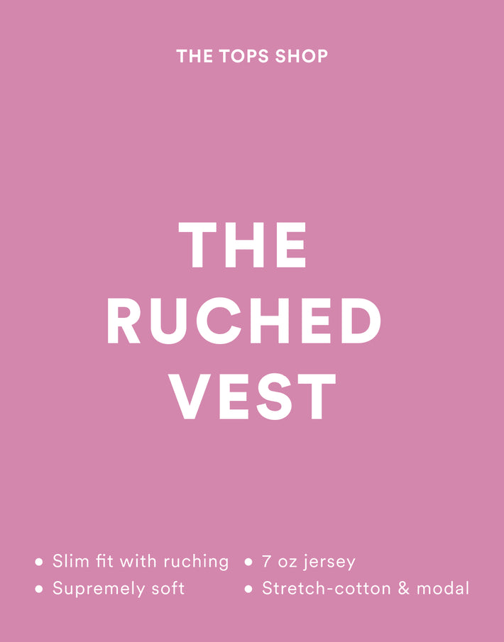 Promotional image for 'The Ruched Vest' from The Tops Shop on a pink background.