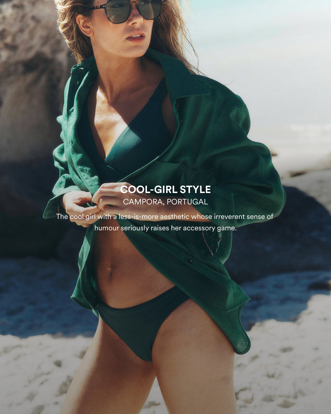 Woman in green bikini and shirt on a beach with text overlay