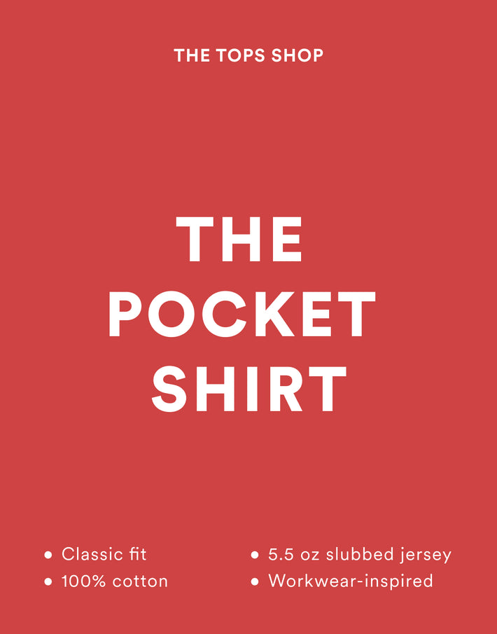 Red background with white text advertising 'The Pocket Shirt' from The Tops Shop