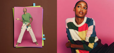 A split-screen fashion image featuring a model. The left side shows a flat-lay of a photo print depicting the model in a green t-shirt and white pants against a pink background, pinned to a brown surface.