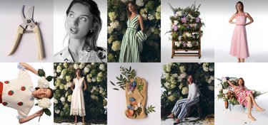 Collage of images featuring women in various outfits with floral arrangements.