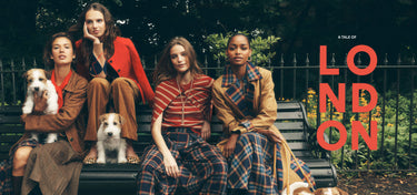 Four models sit on a bench in an outdoor park setting, styled with vintage-inspired plaid and solid outfits, with two small dogs. The image features a bold red graphic text overlay reading 'A TALE OF LONDON' on the right side.