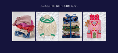 Gift guide 2025 with knitted items and a house-shaped gift on a blue background