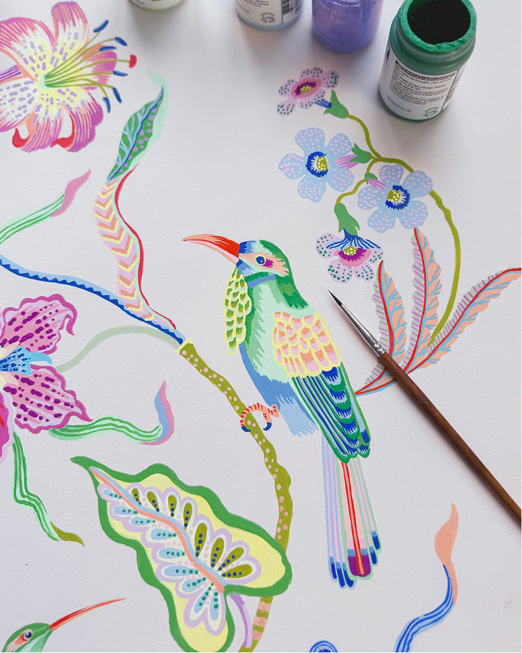 Colorful bird and floral illustrations on a white background with paint containers.