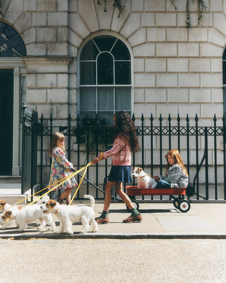 A family walks along a city sidewalk in front of a stone building. Two girls are walking several small white dogs on leashes, while a woman sits in a red wagon pulling behind them.