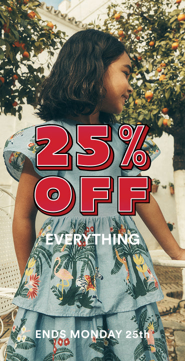 Promotional advertisement with a child in a floral dress, 25% off text, and a tree with fruits in the background.