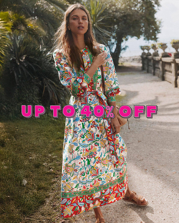 Woman in a colorful dress standing outdoors with promotional text overlay