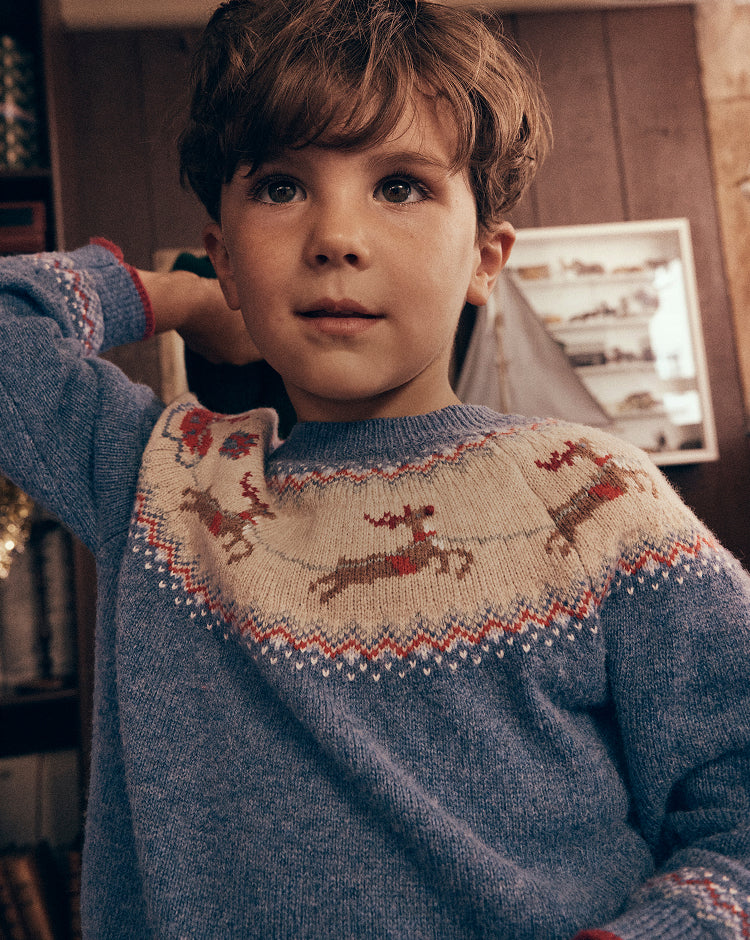 Close-up of a child wearing a blue Fair Isle knit jumper featuring a yoke pattern with reindeer motifs in cream, red and brown. The image is set indoors against a cosy backdrop of bookshelves and rustic wooden details, highlighting the intricate knit design and soft texture of the sweater.
