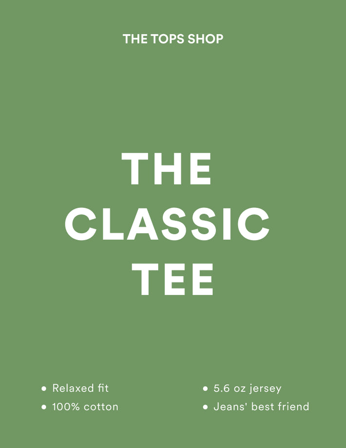 Green background with 'The Tops Shop' text and 'The Classic Tee' description.