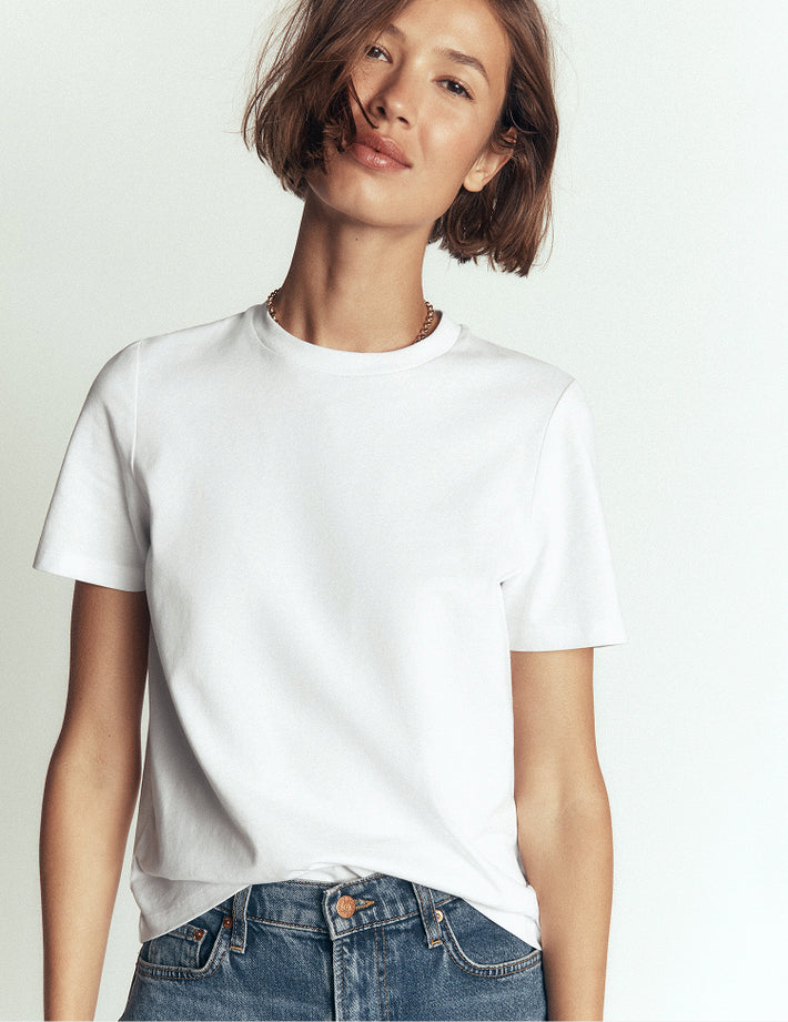 Person wearing a plain white t-shirt and blue jeans against a light background