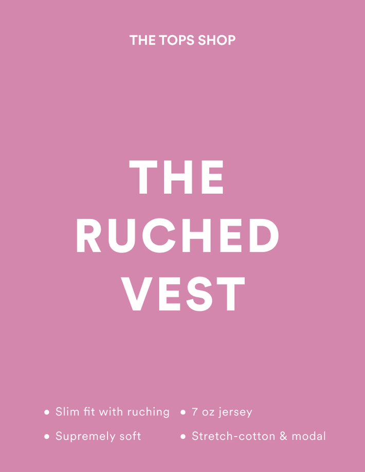 Promotional image for 'The Ruched Vest' from The Tops Shop on a pink background.