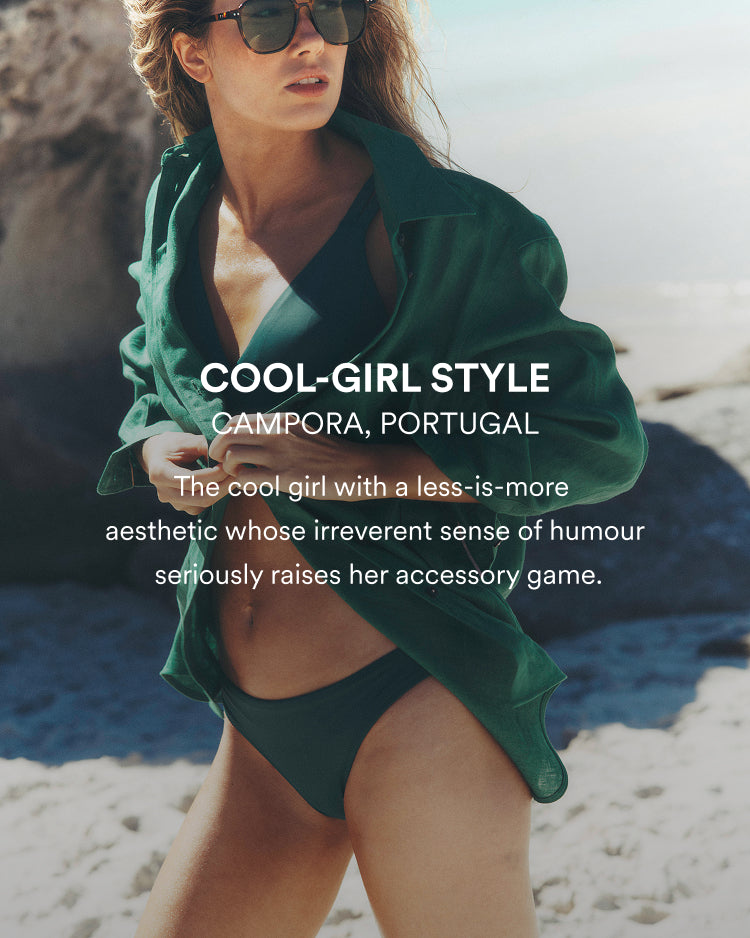 Woman in green outfit and sunglasses on a beach with text about 'Cool-Girl Style' in Campora, Portugal.