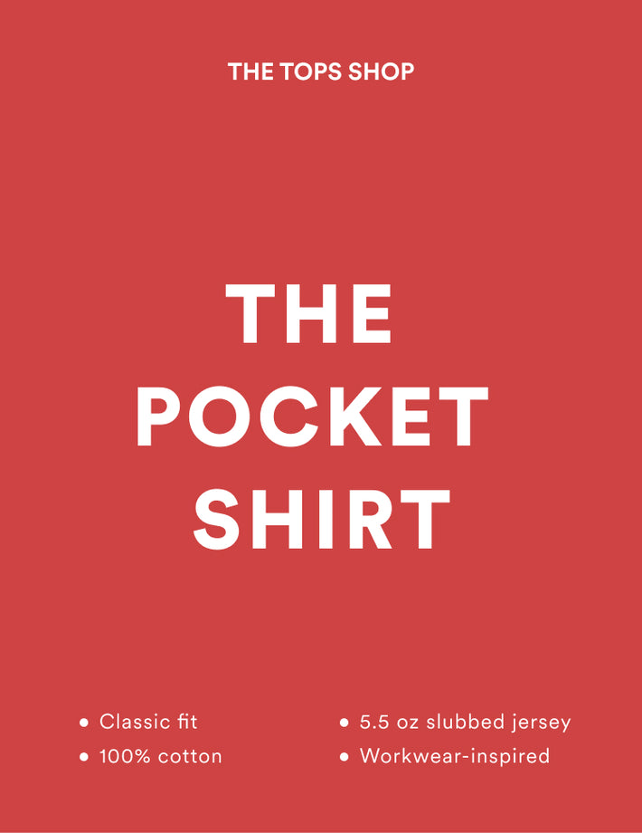 Red background with white text advertising 'The Pocket Shirt' from 'The Tops Shop'.