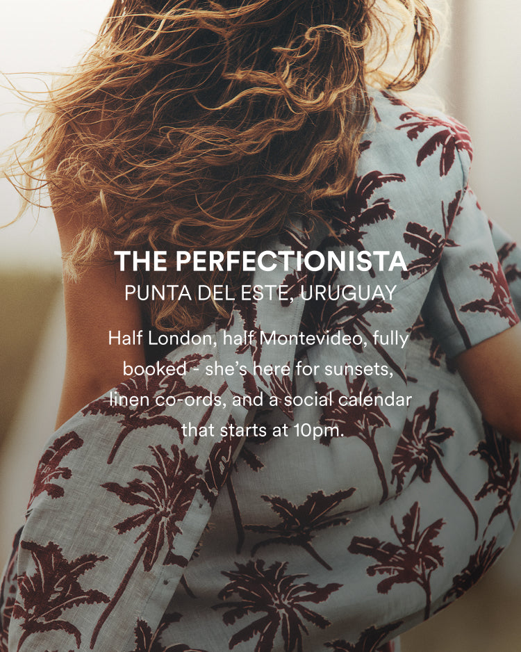 Woman in a floral dress with text overlay about 'The Perfectionista' in Punta del Este, Uruguay.