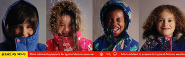 Four children wearing colorful winter coats with a breaking news banner at the bottom.