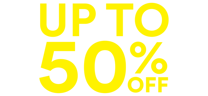 Promotional text 'Up to 50% off' in yellow on a white background