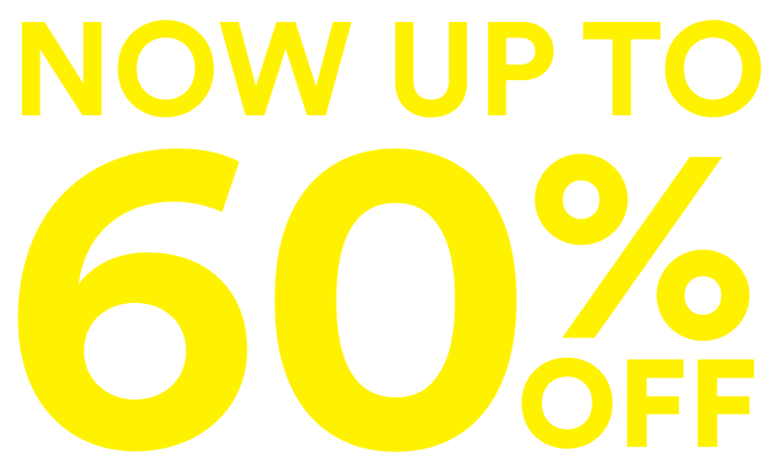 Promotional text 'NOW UP TO 60% OFF' in yellow on a white background