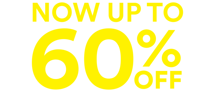 Promotional text indicating 'Now up to 60% off' in yellow on a white background