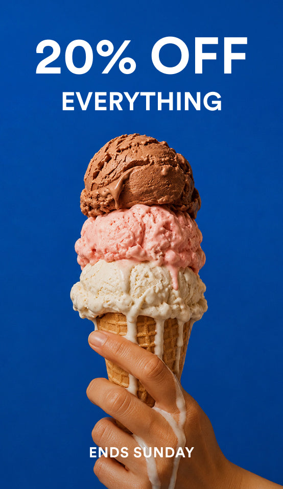 A hand holding a three-scoop ice cream cone against a solid blue background, with promotional text reading '20% OFF EVERYTHING' at the top and 'ENDS SUNDAY' at the bottom.