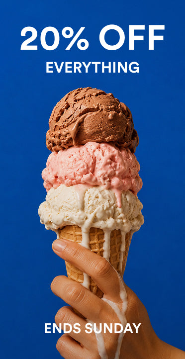A hand holding a waffle cone filled with three scoops of ice cream in chocolate brown, strawberry pink, and vanilla white, set against a solid blue background with promotional text reading '20% OFF EVERYTHING' and 'ENDS SUNDAY'.