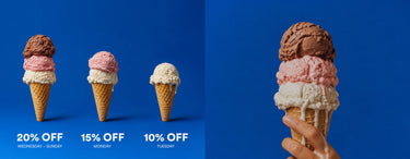 Three ice cream cones on a blue background with promotional text: 20% off Wednesday through Sunday, 15% off Monday, and 10% off Tuesday. A hand on the right holds a large stacked ice cream cone against the same blue backdrop.