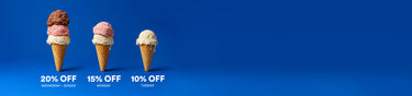 Three ice cream cones on a solid blue background with promotional text reading 20% OFF, 15% OFF, and 10% OFF.