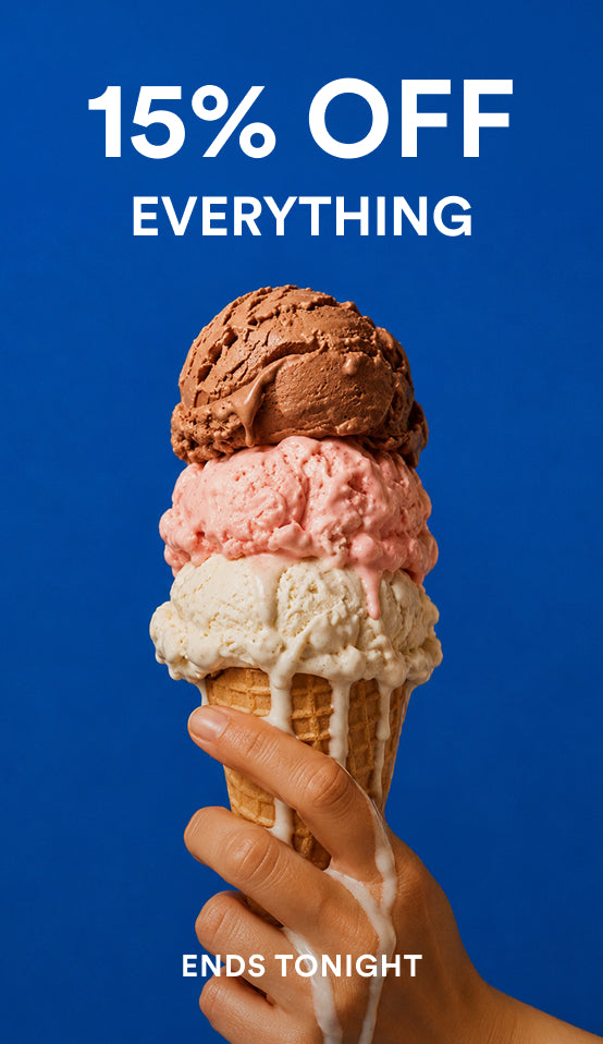 A hand holding a three-scoop ice cream cone with chocolate, pink, and vanilla ice cream on a waffle cone, set against a solid blue background with promotional text reading '15% OFF EVERYTHING' and 'ENDS SUNDAY'.