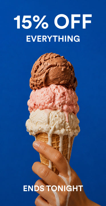 A hand holding a large ice cream cone with three scoops against a solid blue background, with promotional text reading '15% OFF EVERYTHING' at the top and 'ENDS TONIGHT' at the bottom.