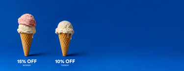 Two ice cream cones on a solid blue background, one with a pink scoop and one with a light beige scoop, with promotional text '15% OFF MONDAY' and '10% OFF TUESDAY' below.