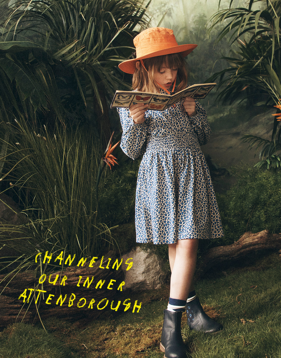 Person in a dress and hat reading a book in a forest setting with text overlay.