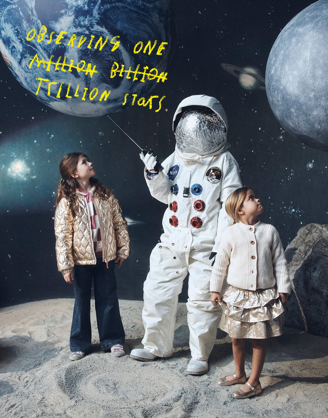 Person in an astronaut suit with two children on a lunar surface, observing stars.