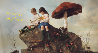 Two children sitting on a rock with a large mushroom, surrounded by nature, with text 'Discoveries are undiscovered' on a cloudy sky background.