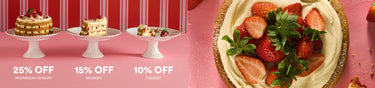 Promotional banner with cake slices and a strawberry tart, featuring discounts on a red and pink striped background.