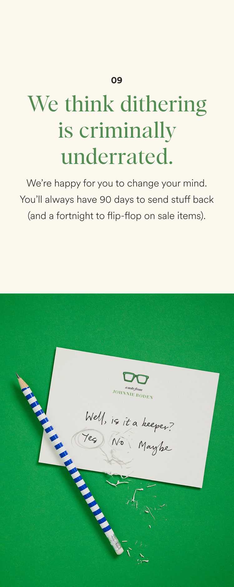 Note card with text and a pencil on a green background