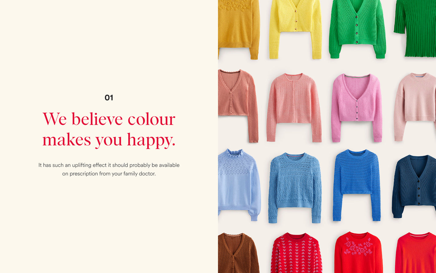 Colourful sweaters displayed on a white background with text about colour psychology.