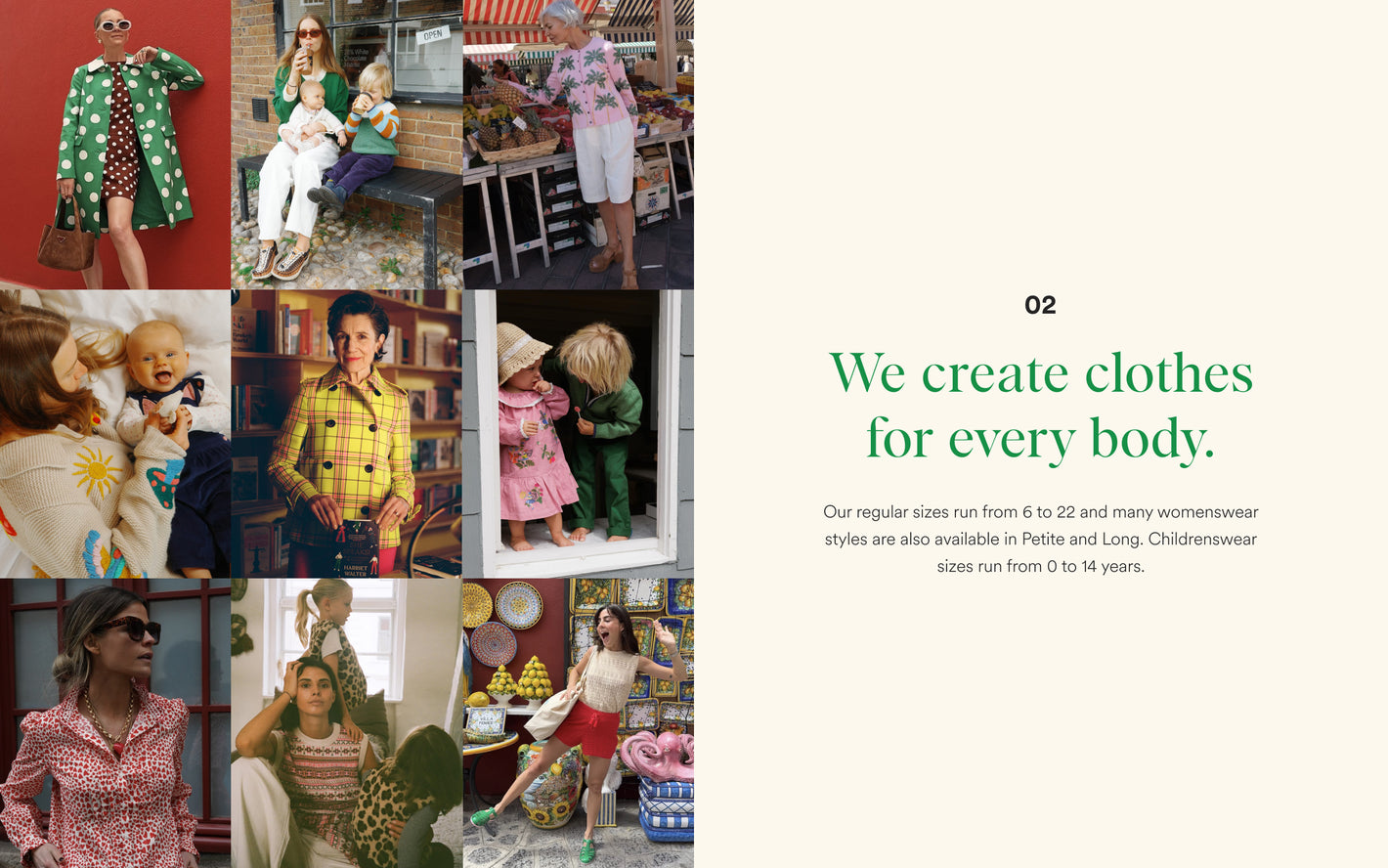 Collage of people wearing clothes with text about creating clothes for every body.