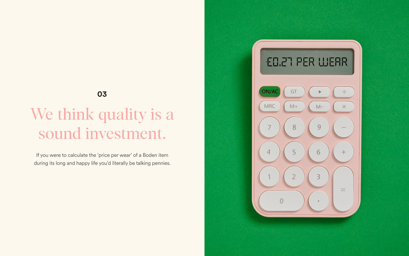 Pink calculator on a green background with text about quality investment.