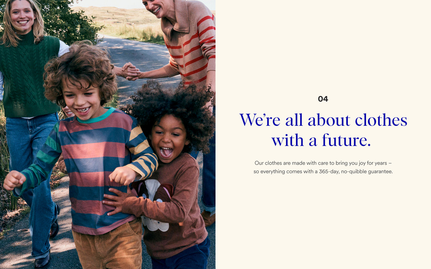 Children playing outdoors with a promotional text about clothes made with care.