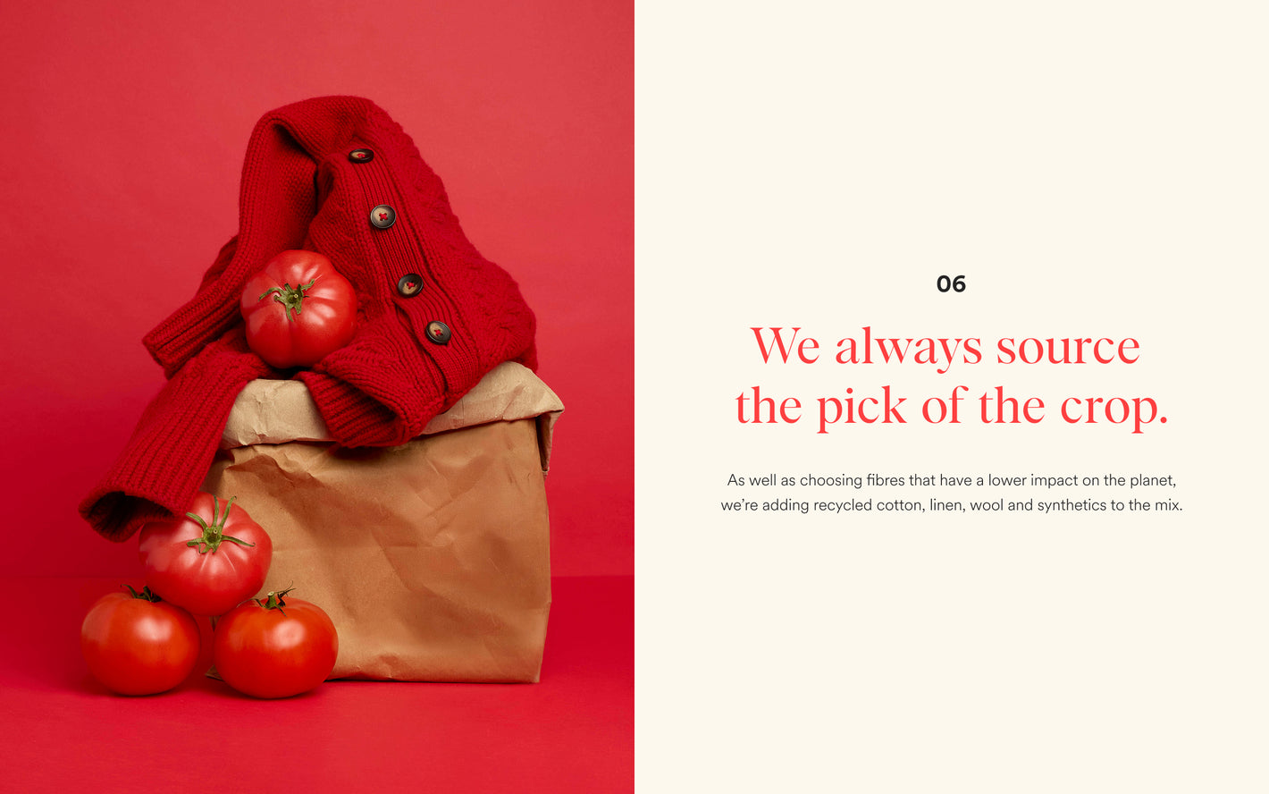 Red sweater with tomatoes and a brown paper bag on a red background, with text about sourcing quality materials.