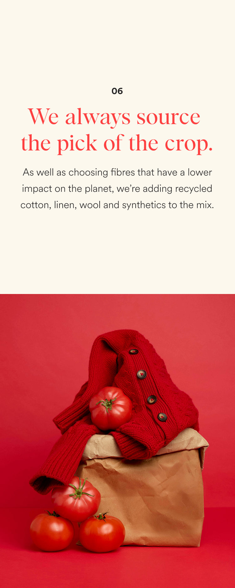 Red sweater with tomatoes and a brown paper bag on a red background, with text about sourcing quality materials.
