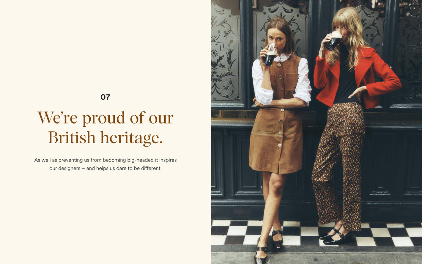 Two women standing on a checkered floor with text about British heritage.