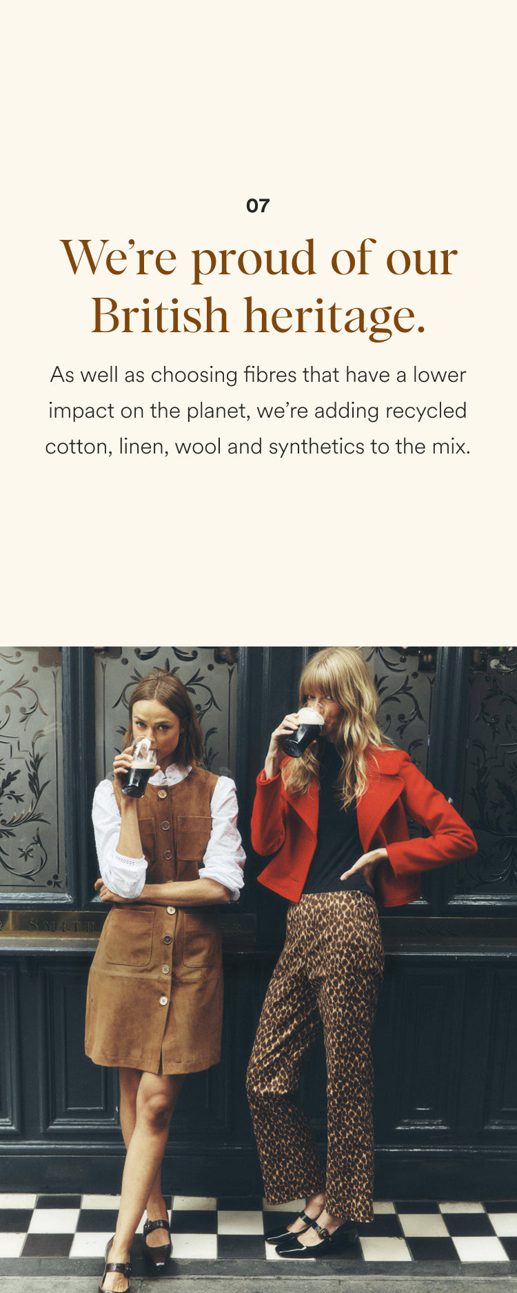 Two women standing on a black and white checkered floor, one in a brown dress and the other in a red jacket, with text about British heritage and sustainable fibers.