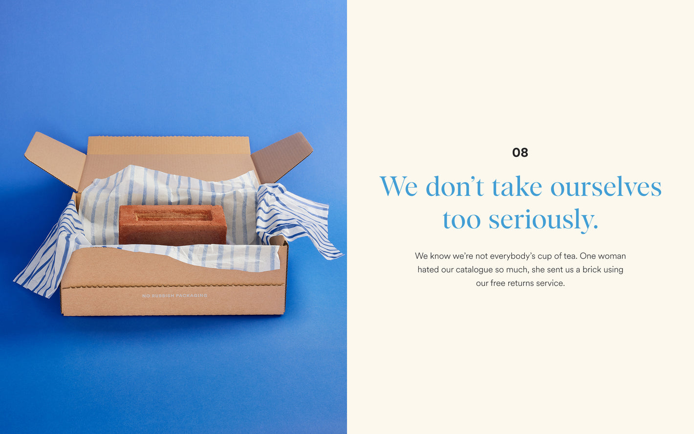 Open cardboard box with striped fabric and wooden block on a blue background, with text overlay.