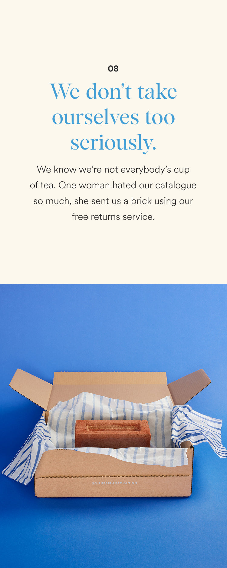 Open cardboard box with striped fabric and wooden block on a blue background, with text overlay.