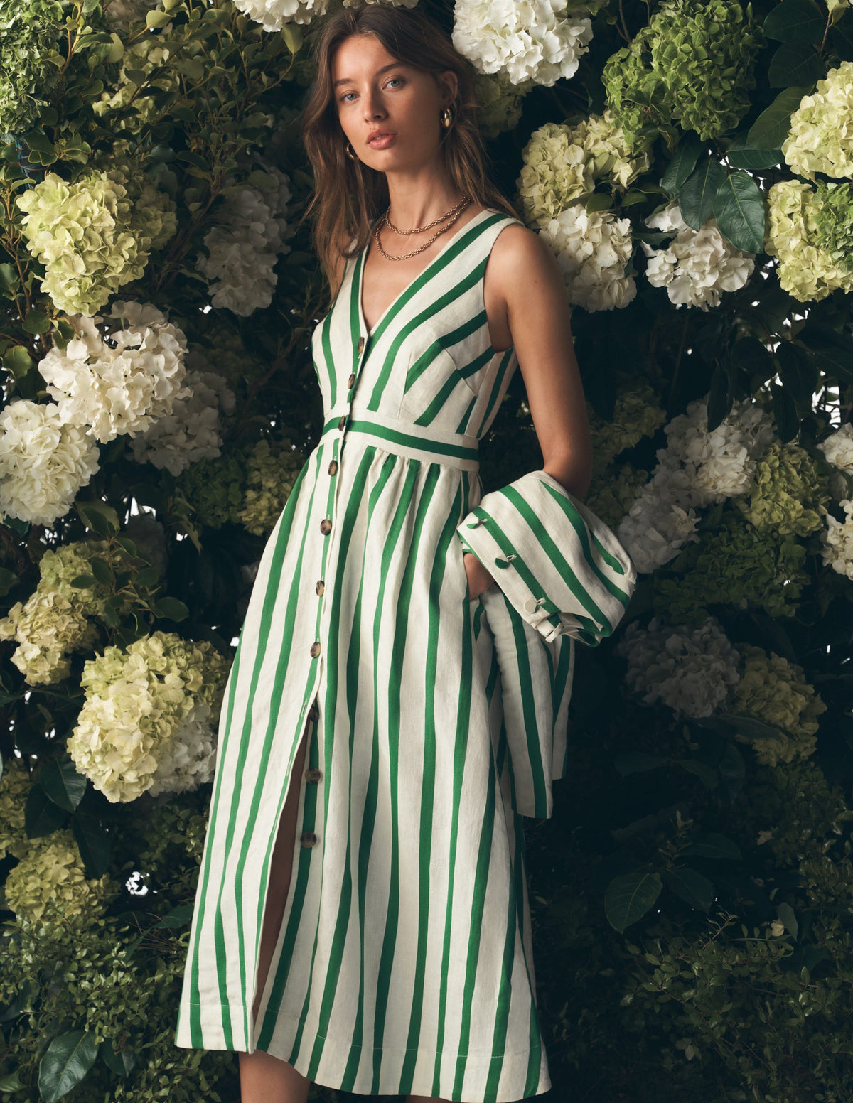 white green style dress Catherine Button Linen Dress-Ivory and Satin Stripe lay flat to dry Color:Brindle Pull-up Dress To Impress Theme Casual Dresses for Woman