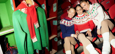 2 bright Boden jumpers on a hanger on the left hand side, and 3 ice skaters wearing Boden Christmas jumpers sitting on the right hand side