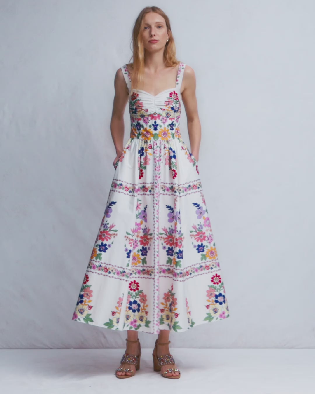 Fit and Flare Midi Dress-Multi Meadow Flowers Lattice