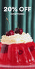 Red jelly dessert with whipped cream and cherries on a green curtain background with '20% OFF EVERYTHING' text.
